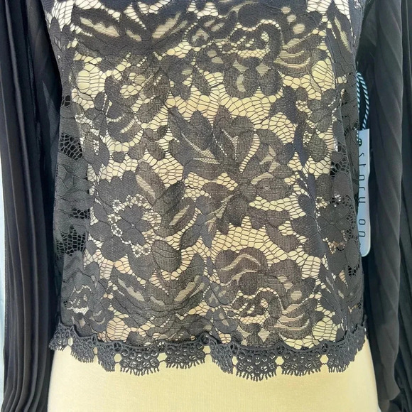 Story On Pleated Sleeve Lace Blouse Top Sheer Black See-Through - Picture 6 of 11